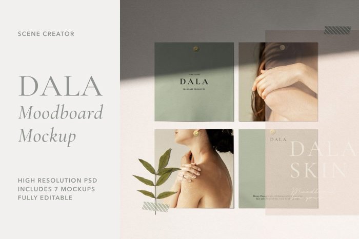 Cover image for Dala Moodboard Mockup Female showcasing a delicate and feminine moodboard mockup illuminated by natural light