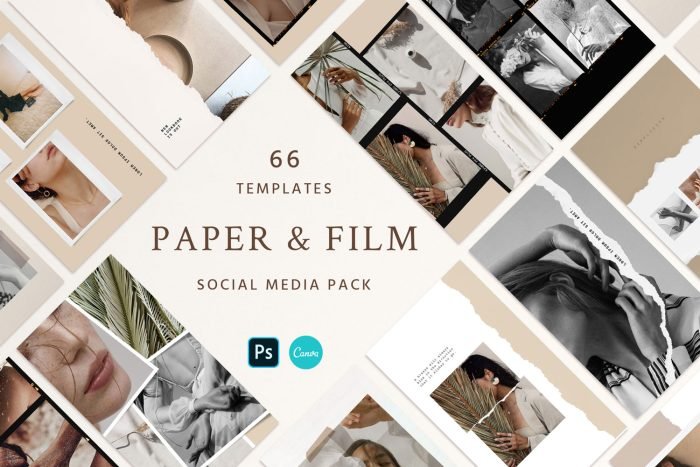 Cover image for Paper and Film Social Kit showcasing 66 templates for social media platforms